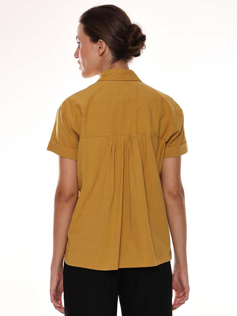 Avony Mustard Yellow Cotton-Viscose Loose Shirt for Women - Madrid Fit from GAZILLION - Back Look