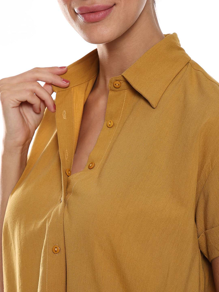Avony Mustard Yellow Cotton-Viscose Loose Shirt for Women - Madrid Fit from GAZILLION - Dignity Buttons Detail