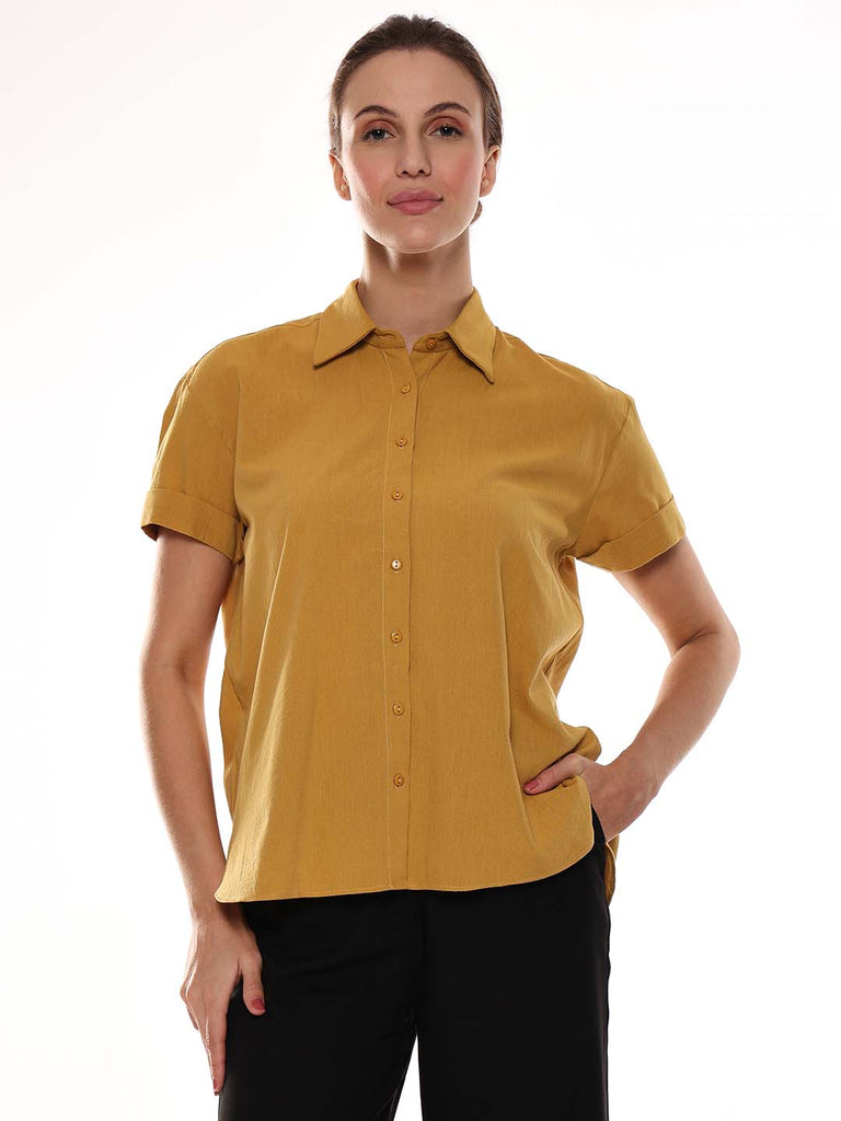 Avony Mustard Yellow Cotton-Viscose Loose Shirt for Women - Madrid Fit from GAZILLION - Front Look