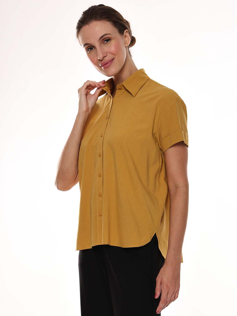 Avony Mustard Yellow Cotton-Viscose Loose Shirt for Women - Madrid Fit from GAZILLION - Left Side Look