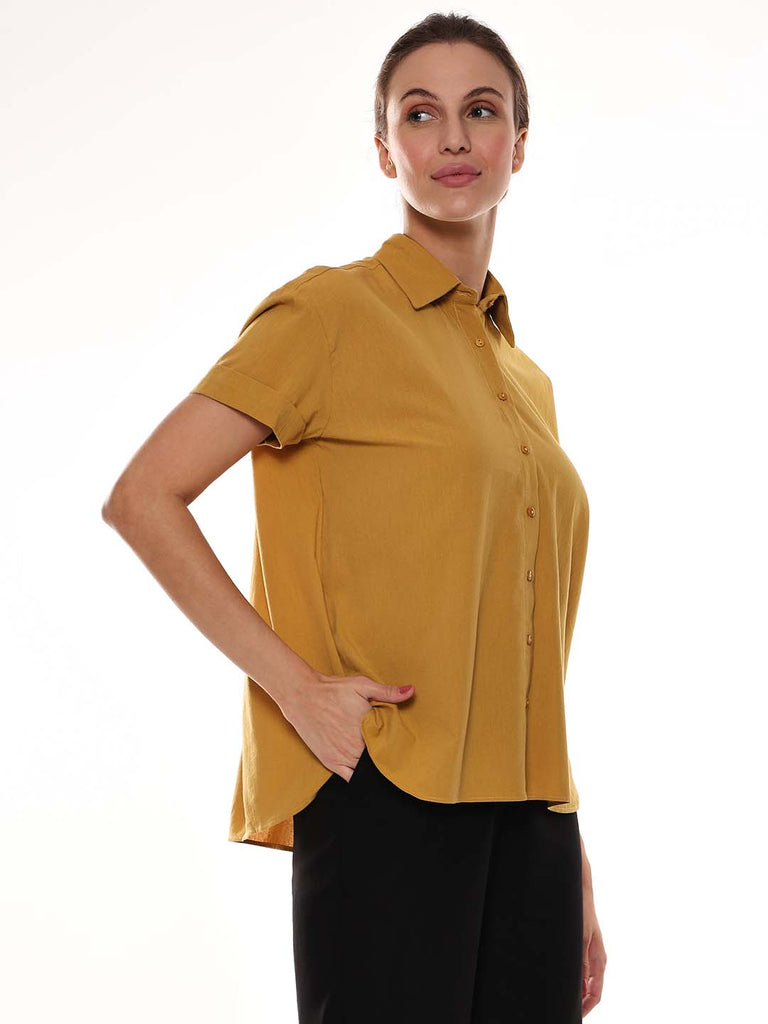 Avony Mustard Yellow Cotton-Viscose Loose Shirt for Women - Madrid Fit from GAZILLION - Right Side Look