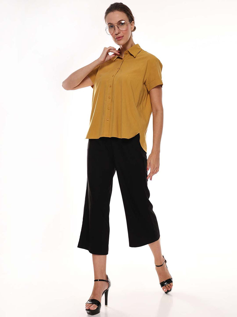 Avony Mustard Yellow Cotton-Viscose Loose Shirt for Women - Madrid Fit from GAZILLION - Standing Stylised Look With Accessories