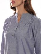 Azzurra Grey Cotton Chambray Tunic Shirt for Women - Istanbul Fit from GAZILLION - Front Detail