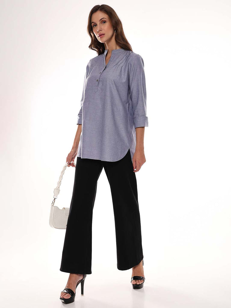 Azzurra Grey Cotton Chambray Tunic Shirt for Women - Istanbul Fit from GAZILLION - Standing Stylised Look With Accessories