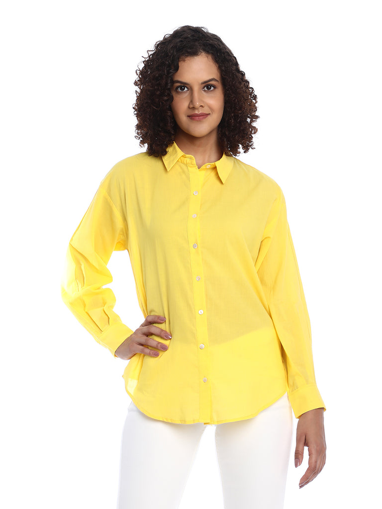 Bali Bright Yellow Cotton Drop Shoulder Shirt for Women - Paris Fit from GAZILLION- Front Look