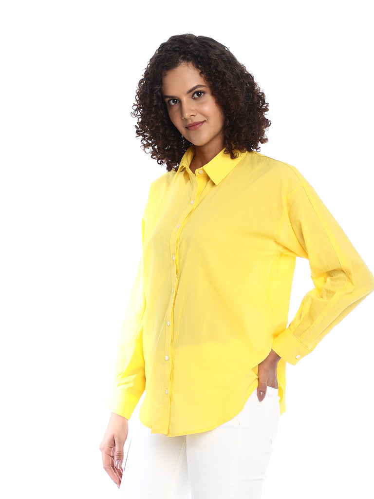Bali Bright Yellow Cotton Drop Shoulder Shirt for Women - Paris Fit from GAZILLION - Left Side Look