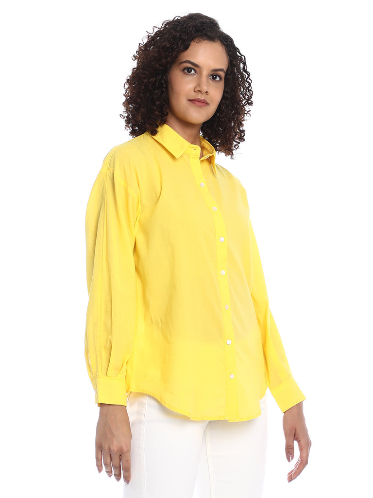 Bali Bright Yellow Cotton Drop Shoulder Shirt for Women - Paris Fit from GAZILLION - Right Side Look