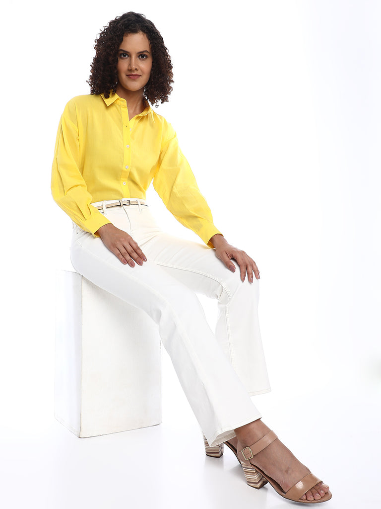 Bali Bright Yellow Cotton Drop Shoulder Shirt for Women - Paris Fit from GAZILLION - Stylised Seated Look