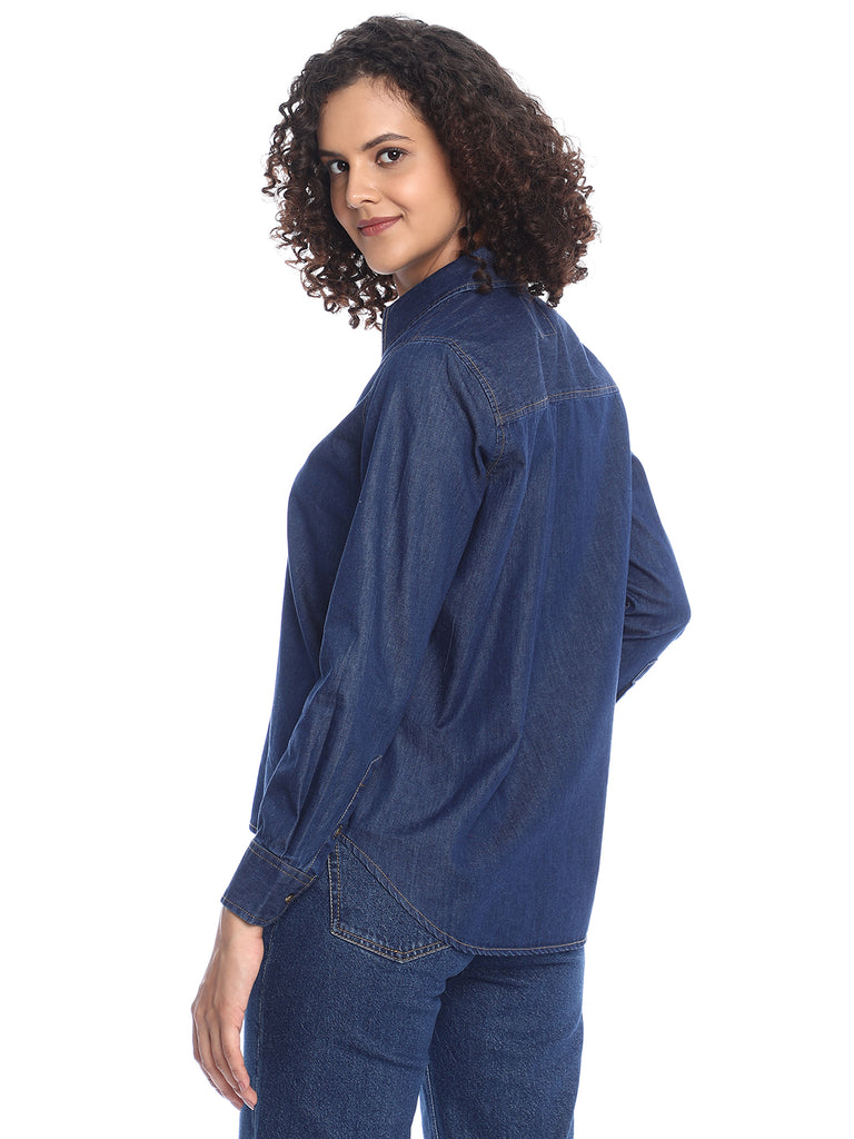 Banita Medium Blue Denim Drop Shoulder Shirt for Women - Paris Fit from GAZILLION - Back Look