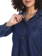 Banita Medium Blue Denim Drop Shoulder Shirt for Women - Paris Fit from GAZILLION - Dignity Button Detail