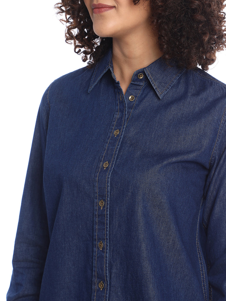 Banita Medium Blue Denim Drop Shoulder Shirt for Women - Paris Fit from GAZILLION - Front Detail