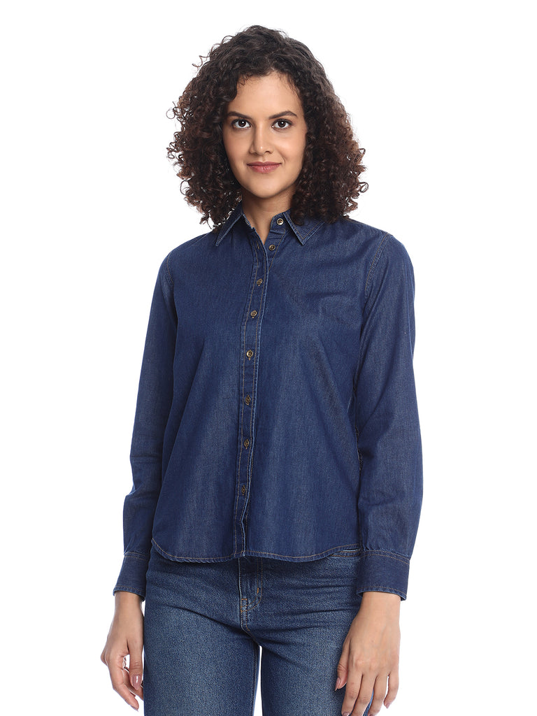 Banita Medium Blue Denim Drop Shoulder Shirt for Women - Paris Fit from GAZILLION - Front Look