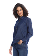 Banita Medium Blue Denim Drop Shoulder Shirt for Women - Paris Fit from GAZILLION - Left Side Look