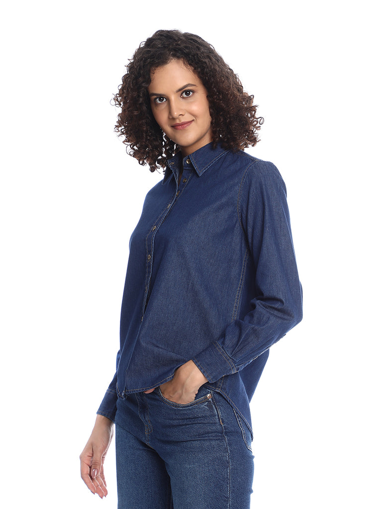 Banita Medium Blue Denim Drop Shoulder Shirt for Women - Paris Fit from GAZILLION - Left Side Look