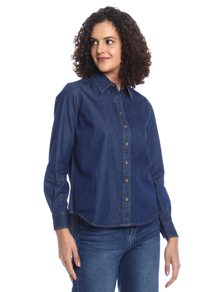 Banita Medium Blue Denim Drop Shoulder Shirt for Women - Paris Fit from GAZILLION - Right Side Look