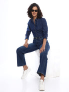 Banita Medium Blue Denim Drop Shoulder Shirt for Women - Paris Fit from GAZILLION - Stylised Seated Look