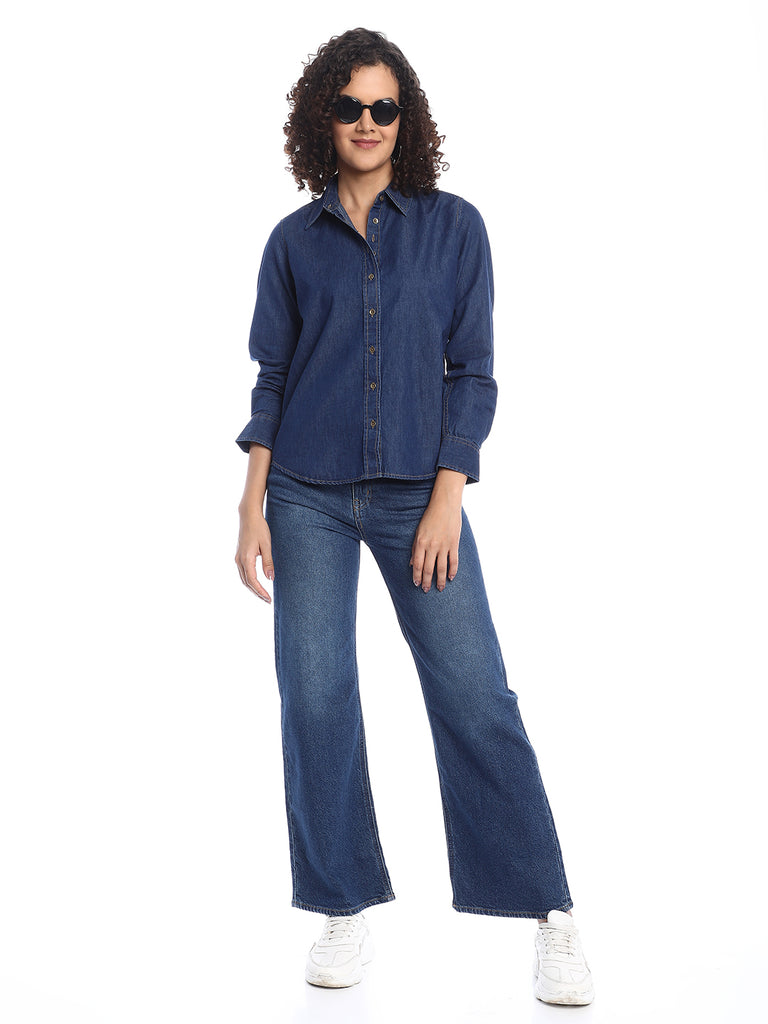 Banita Medium Blue Denim Drop Shoulder Shirt for Women - Paris Fit from GAZILLION - Stylised Standing Look
