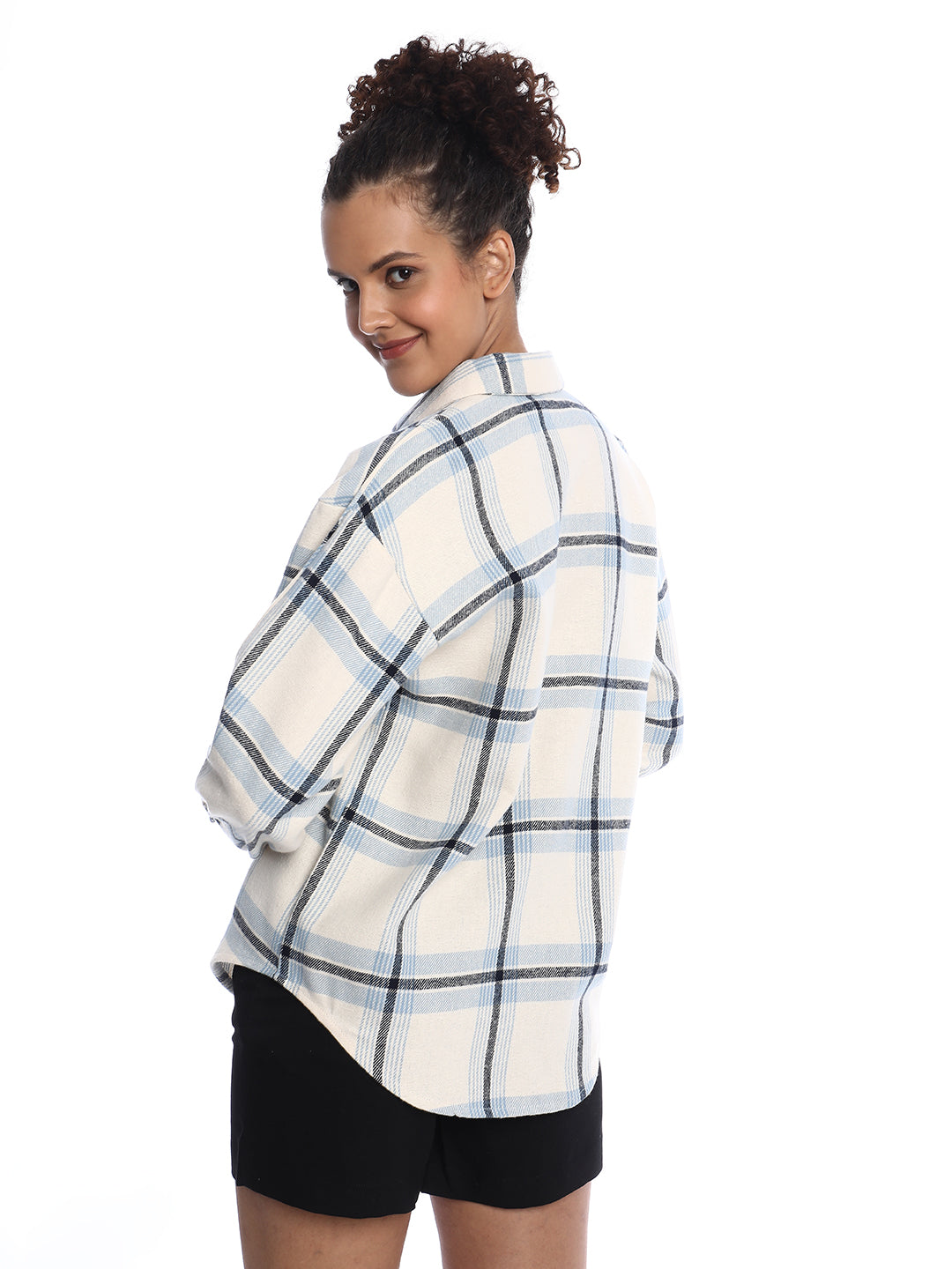 Barbara Powder Blue Brushed Cotton Checks Drop Shoulder Shirt for Women - Paris Fit from GAZILLION - Back Look