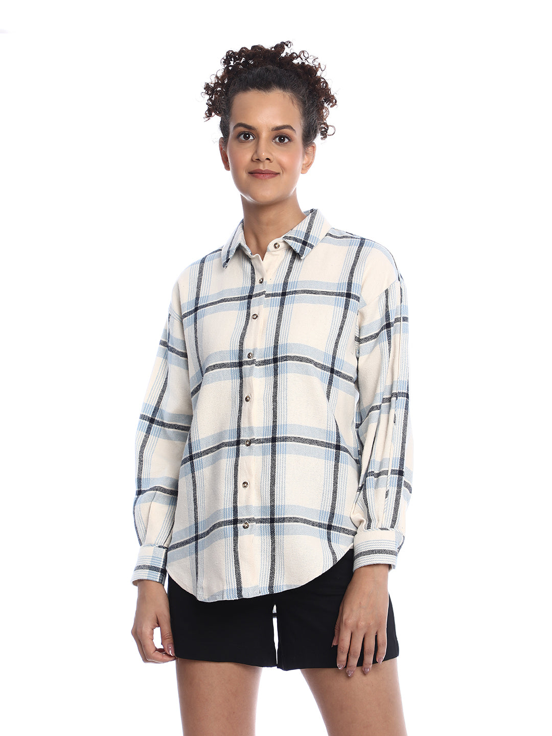 Barbara Powder Blue Brushed Cotton Checks Drop Shoulder Shirt for Women - Paris Fit from GAZILLION - Front Look