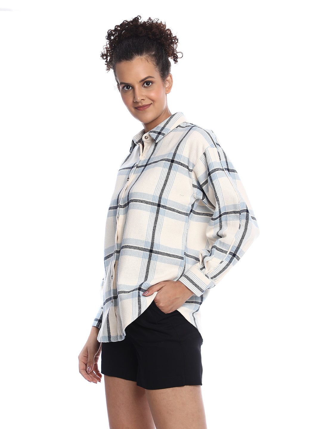 Barbara Powder Blue Brushed Cotton Checks Drop Shoulder Shirt for Women - Paris Fit from GAZILLION - Left Side Look