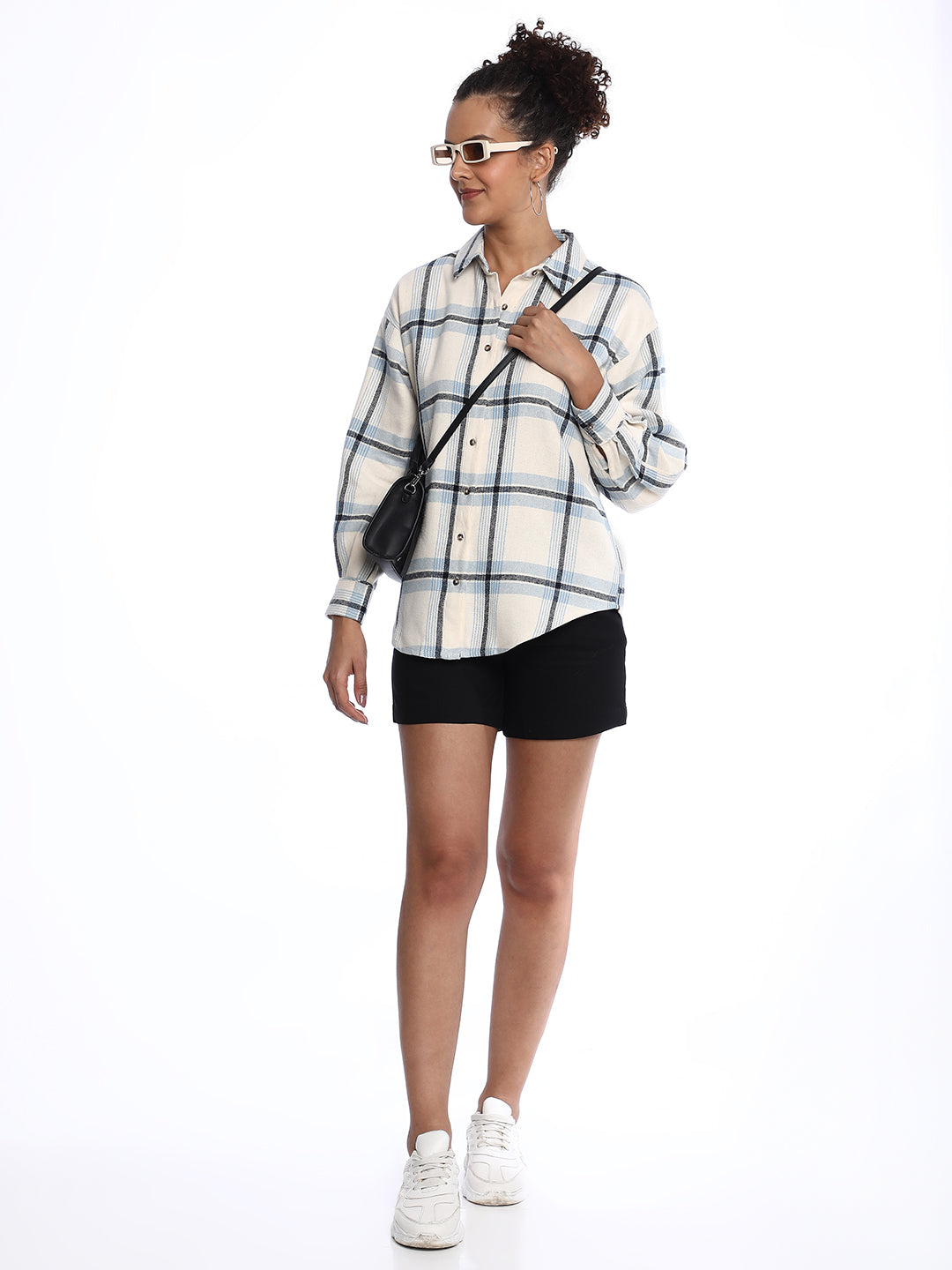 Barbara Powder Blue Brushed Cotton Checks Drop Shoulder Shirt for Women - Paris Fit from GAZILLION - Stylised Standing Look