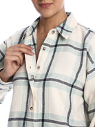 Barbara Sage Green Brushed Cotton Checks Drop Shoulder Shirt for Women - Paris Fit from GAZILLION - Dignity Button Detail