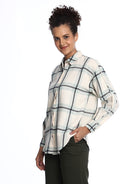 Barbara Sage Green Brushed Cotton Checks Drop Shoulder Shirt for Women - Paris Fit from GAZILLION - Left Side Look