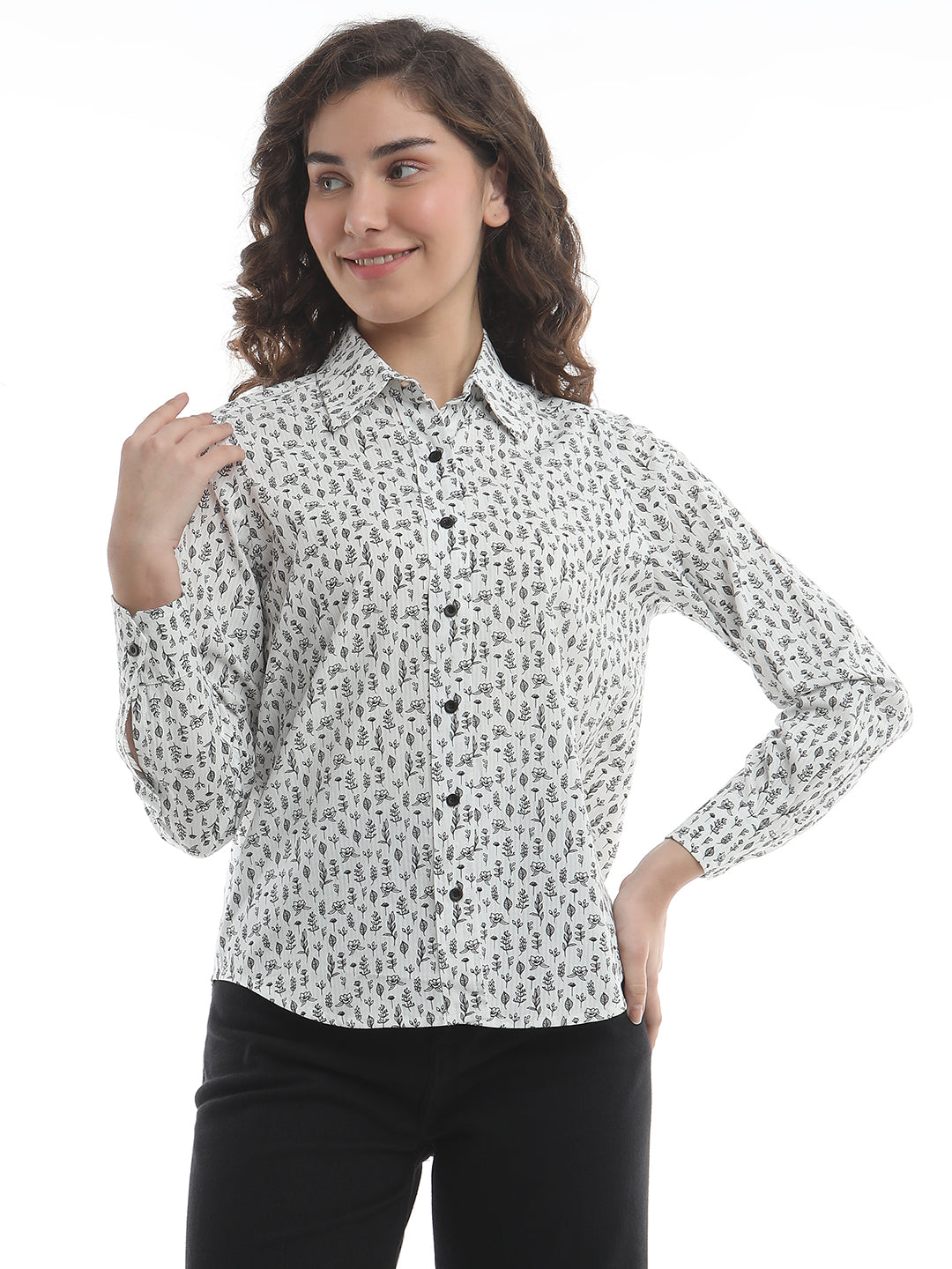 Barilla Black & White Floral Print Cotton Shirt for Women - Zurich Fit from GAZILLION - Front Detail