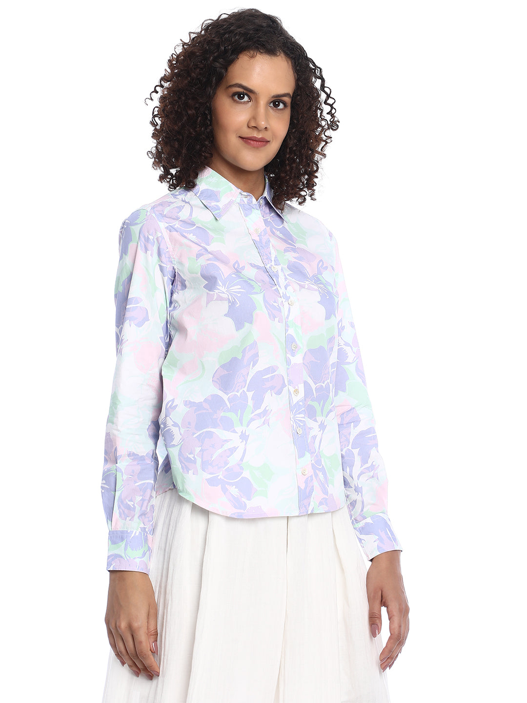 Beaa Mint & Lavendar Floral Print Cotton Shirt for Women - Zurich Fit from GAZILLION - Right Side Look