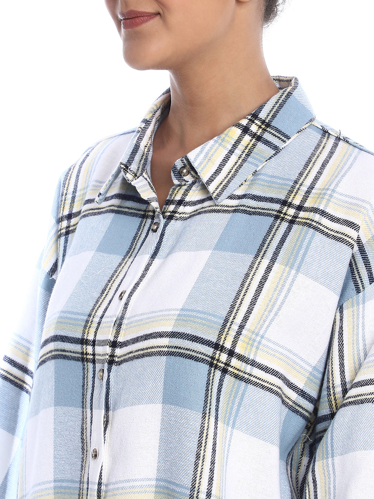 Beatrice Powder Blue Brushed Cotton Checks Drop Shoulder Shirt for Women - Paris Fit from GAZILLION - Front Detail