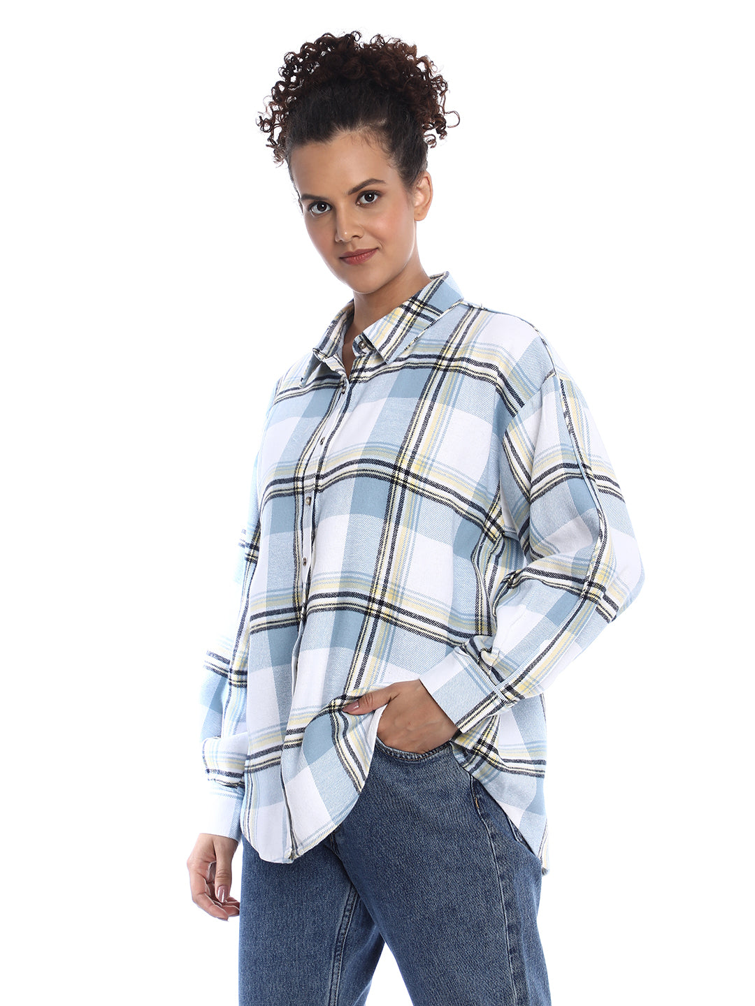 Beatrice Powder Blue Brushed Cotton Checks Drop Shoulder Shirt for Women - Paris Fit from GAZILLION - Left Side Look