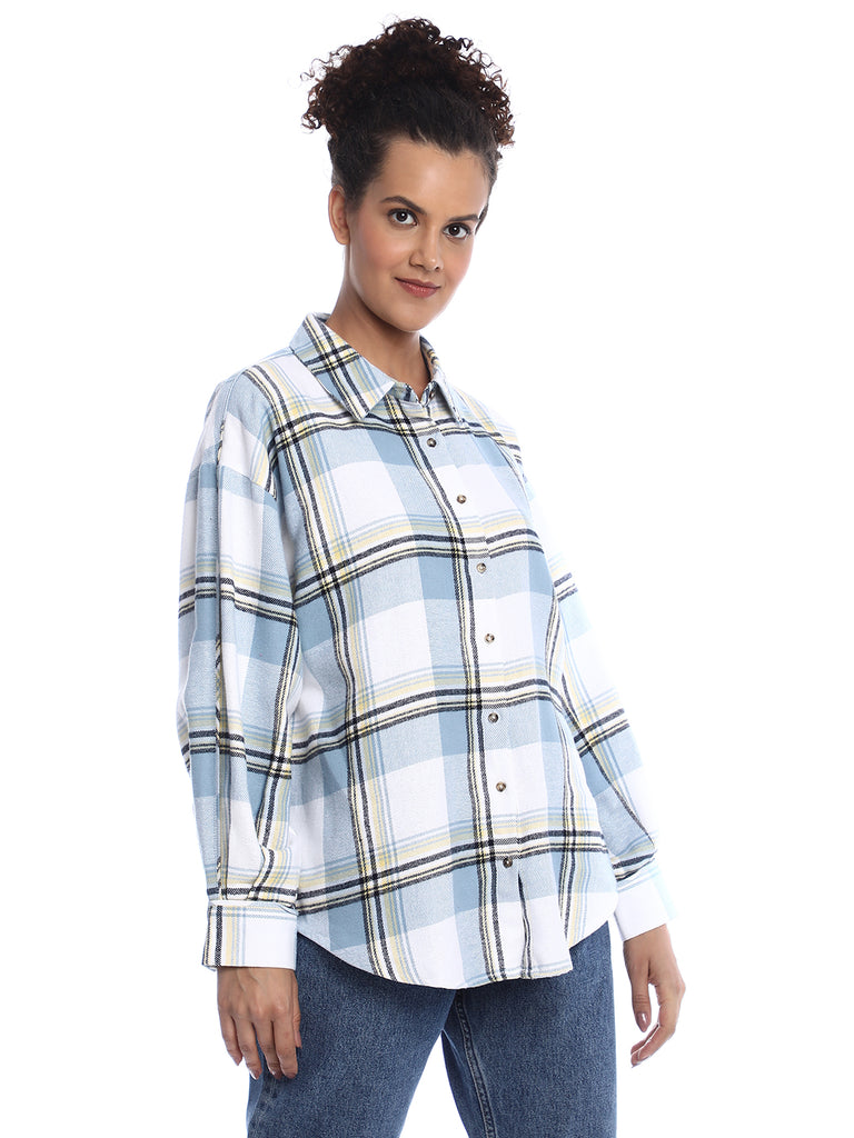 Beatrice Powder Blue Brushed Cotton Checks Drop Shoulder Shirt for Women - Paris Fit from GAZILLION - Right Side Look