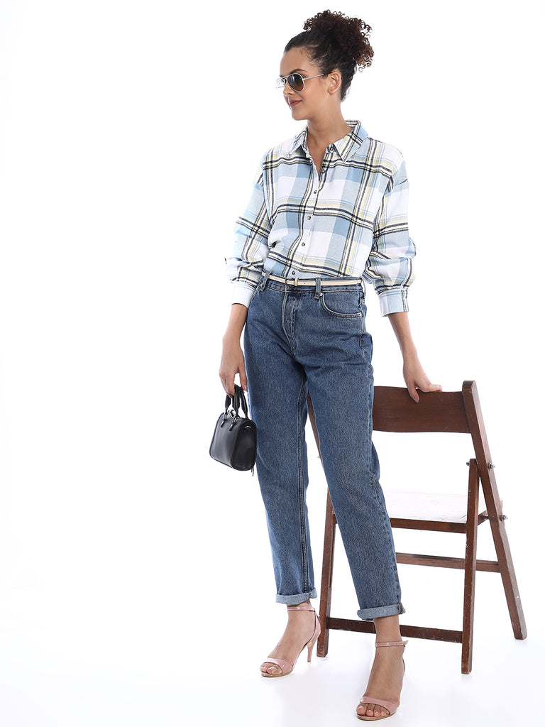 Beatrice Powder Blue Brushed Cotton Checks Drop Shoulder Shirt for Women - Paris Fit from GAZILLION - Stylised Look