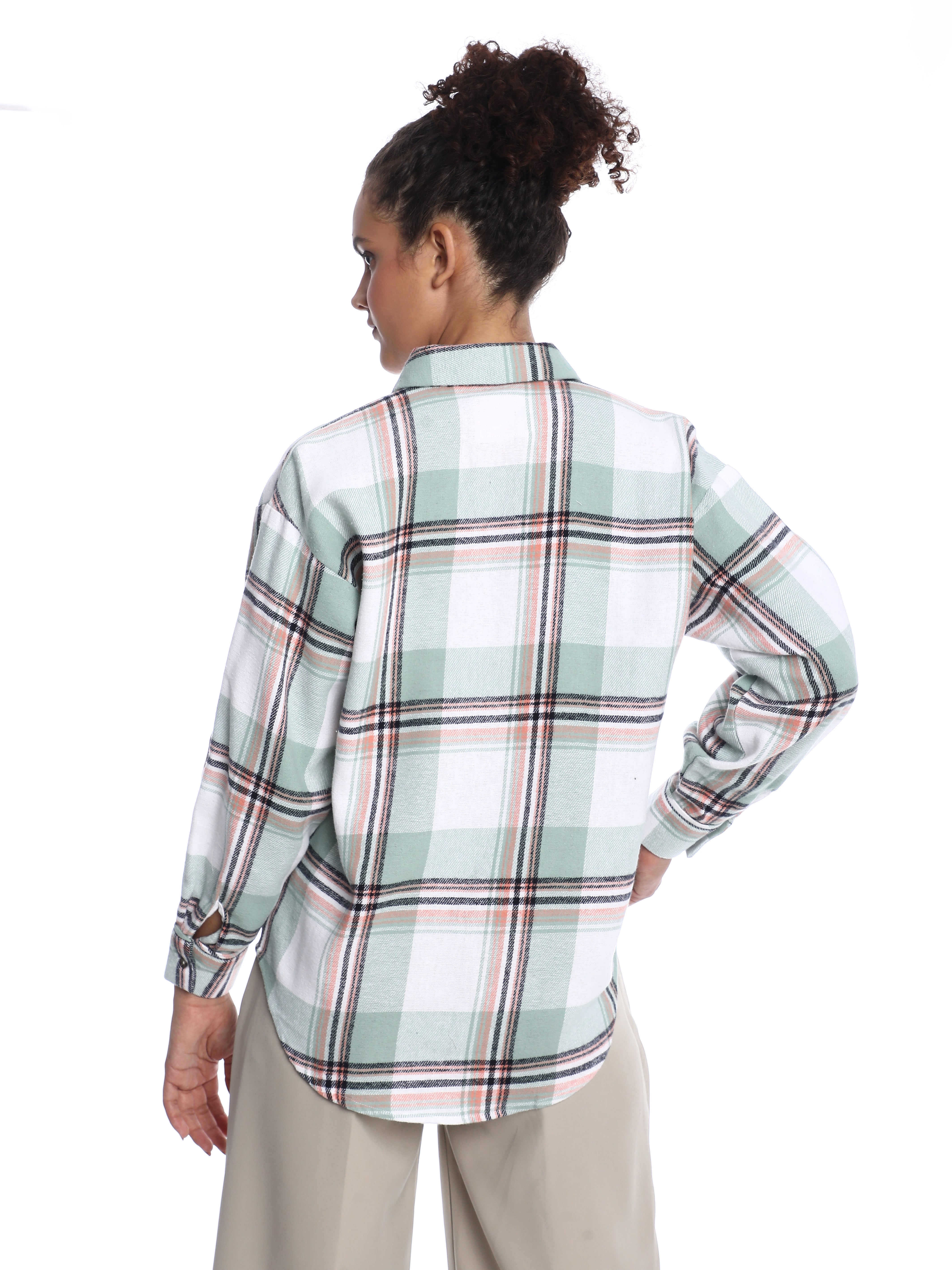 Beatrice Sage Green Brushed Cotton Checks Drop Shoulder Shirt for Women - Paris Fit from GAZILLION - Back Look