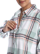 Beatrice Sage Green Brushed Cotton Checks Drop Shoulder Shirt for Women - Paris Fit from GAZILLION - Dignity Button Detail