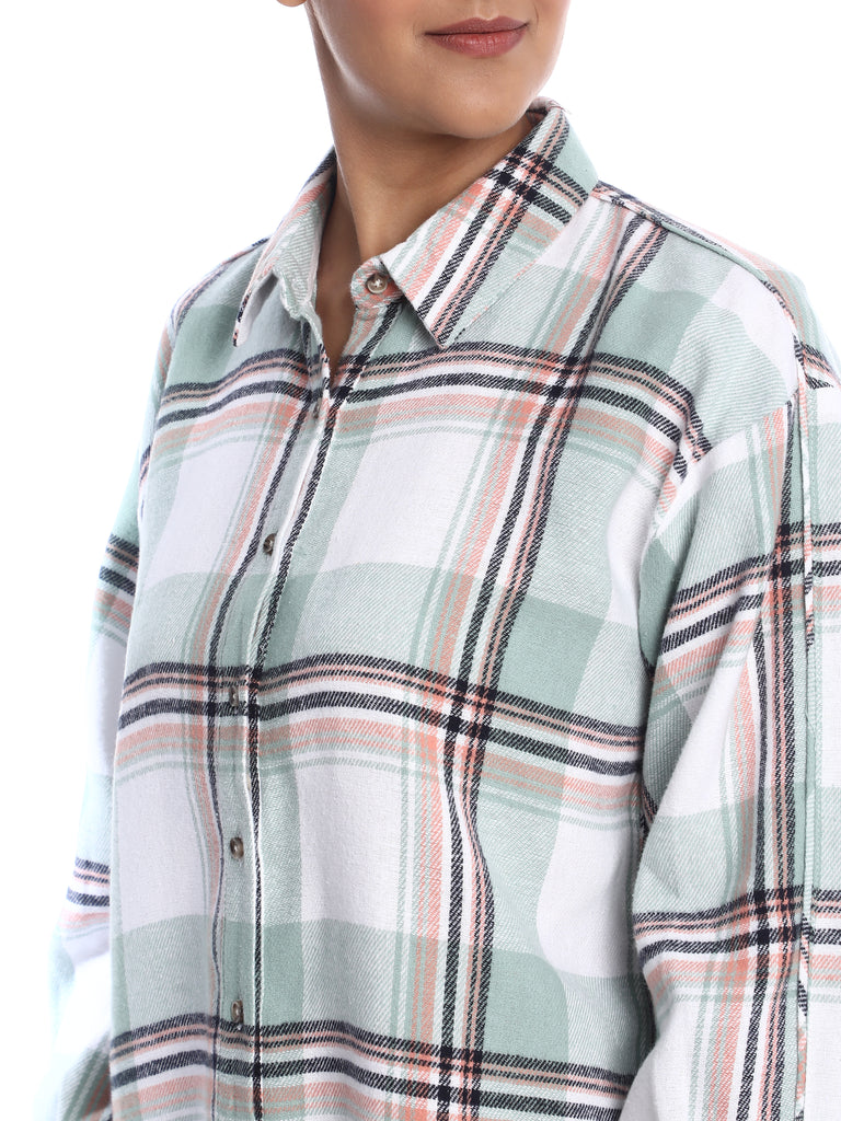 Beatrice Sage Green Brushed Cotton Checks Drop Shoulder Shirt for Women - Paris Fit from GAZILLION - Font Detail