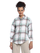 Beatrice Sage Green Brushed Cotton Checks Drop Shoulder Shirt for Women - Paris Fit from GAZILLION - Front Look