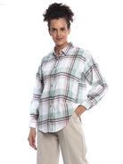 Beatrice Sage Green Brushed Cotton Checks Drop Shoulder Shirt for Women - Paris Fit from GAZILLION - Left Side Look