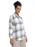 Beatrice Sage Green Brushed Cotton Checks Drop Shoulder Shirt for Women - Paris Fit from GAZILLION - Right Side Look