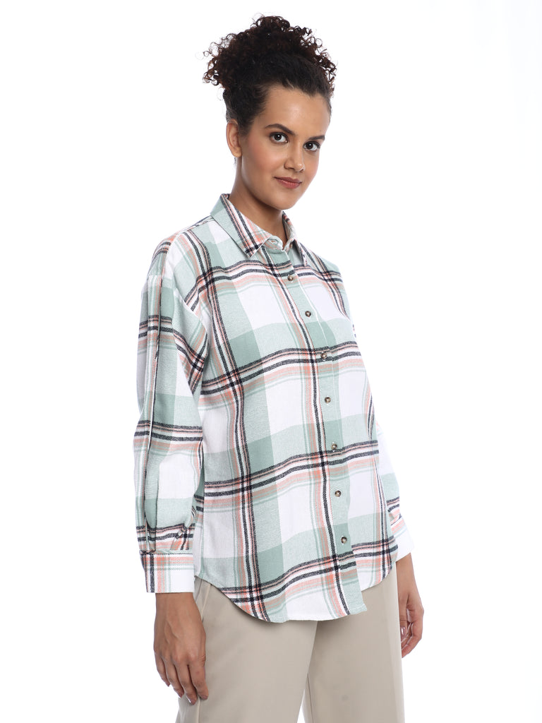 Beatrice Sage Green Brushed Cotton Checks Drop Shoulder Shirt for Women - Paris Fit from GAZILLION - Right Side Look