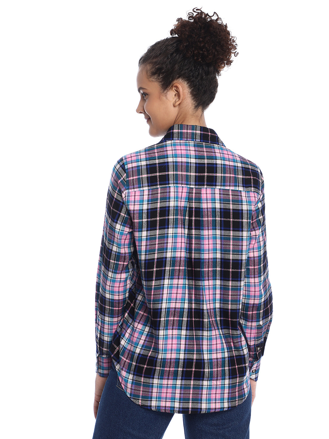 Beauty Pink & Black Checks Soft Cotton Modal Shirt for Women - Zurich Fit from GAZILLION - Back Look