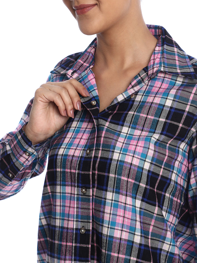Beauty Pink & Black Checks Soft Cotton Modal Shirt for Women - Zurich Fit from GAZILLION - Dignity Button Detail