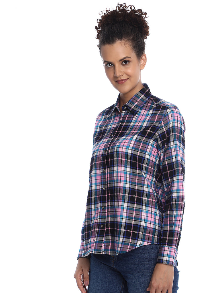 Beauty Pink & Black Checks Soft Cotton Modal Shirt for Women - Zurich Fit from GAZILLIION - Left Side Look