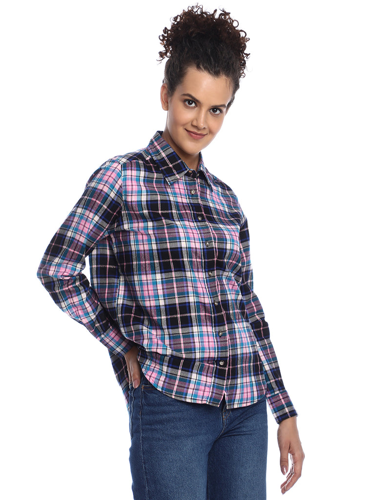 Beauty Pink & Black Checks Soft Cotton Modal Shirt for Women - Zurich Fit from GAZILLION - Right Side Look