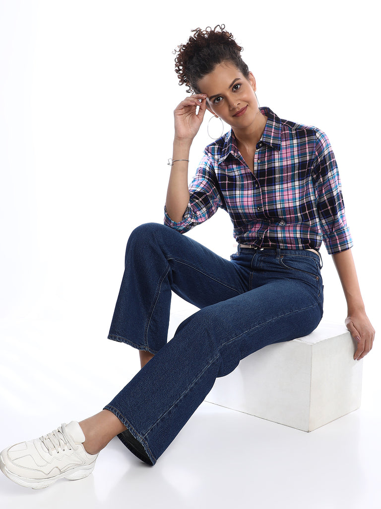 Beauty Pink & Black Checks Soft Cotton Modal Shirt for Women - Zurich Fit from GAZILLION - Stylised Seated Look