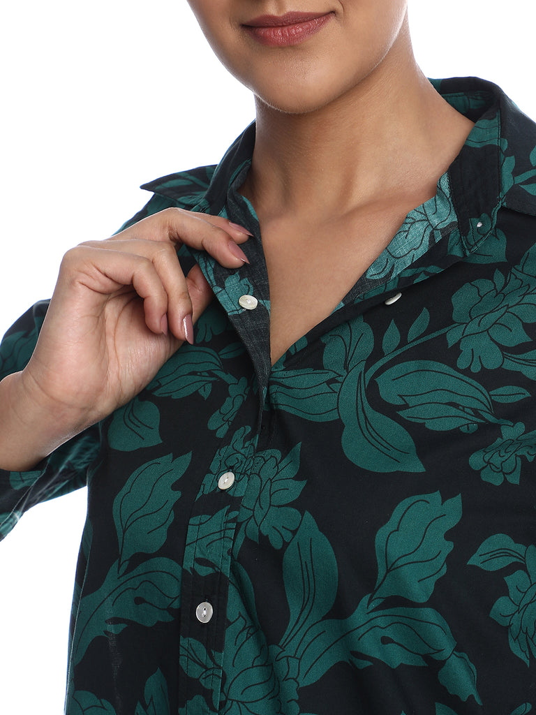 Beca Dark Green Floral Print Cotton Shirt for Women - Zurich Fit from GAZILLION - Dignity Button Detail