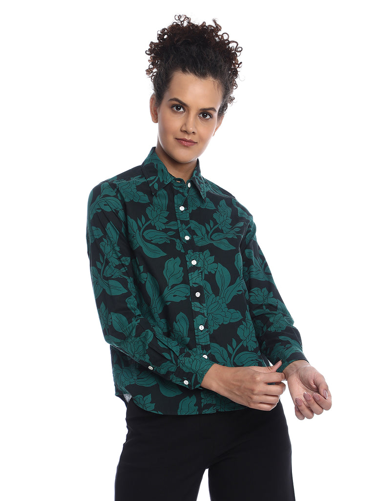 Beca Dark Green Floral Print Cotton Shirt for Women - Zurich Fit from GAZILLION - Front Look