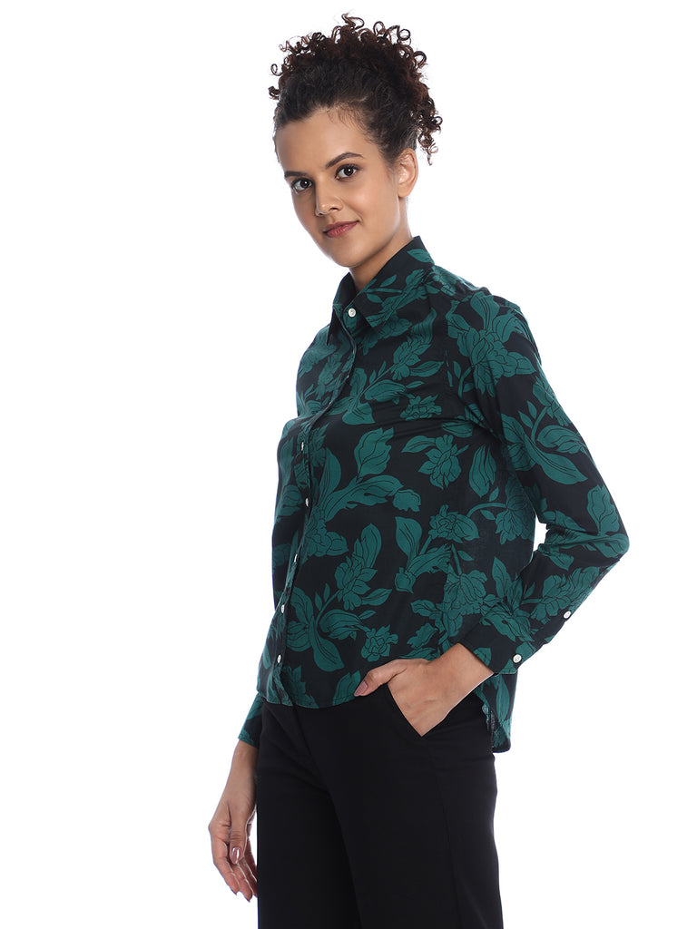 Beca Dark Green Floral Print Cotton Shirt for Women - Zurich Fit from GAZILLION - Left Side Look