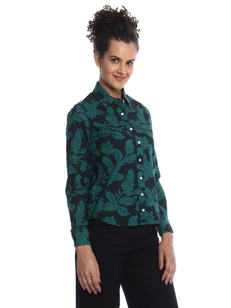 Beca Dark Green Floral Print Cotton Shirt for Women - Zurich Fit from GAZILLION - Right Side Look