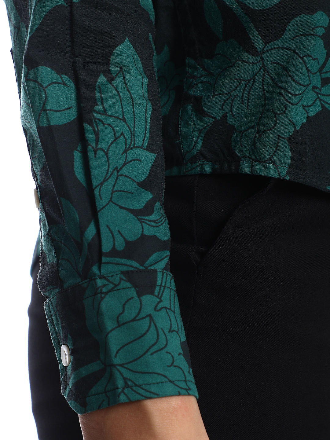 Beca Dark Green Floral Print Cotton Shirt for Women - Zurich Fit from GAZILLION - Sleeve Detail